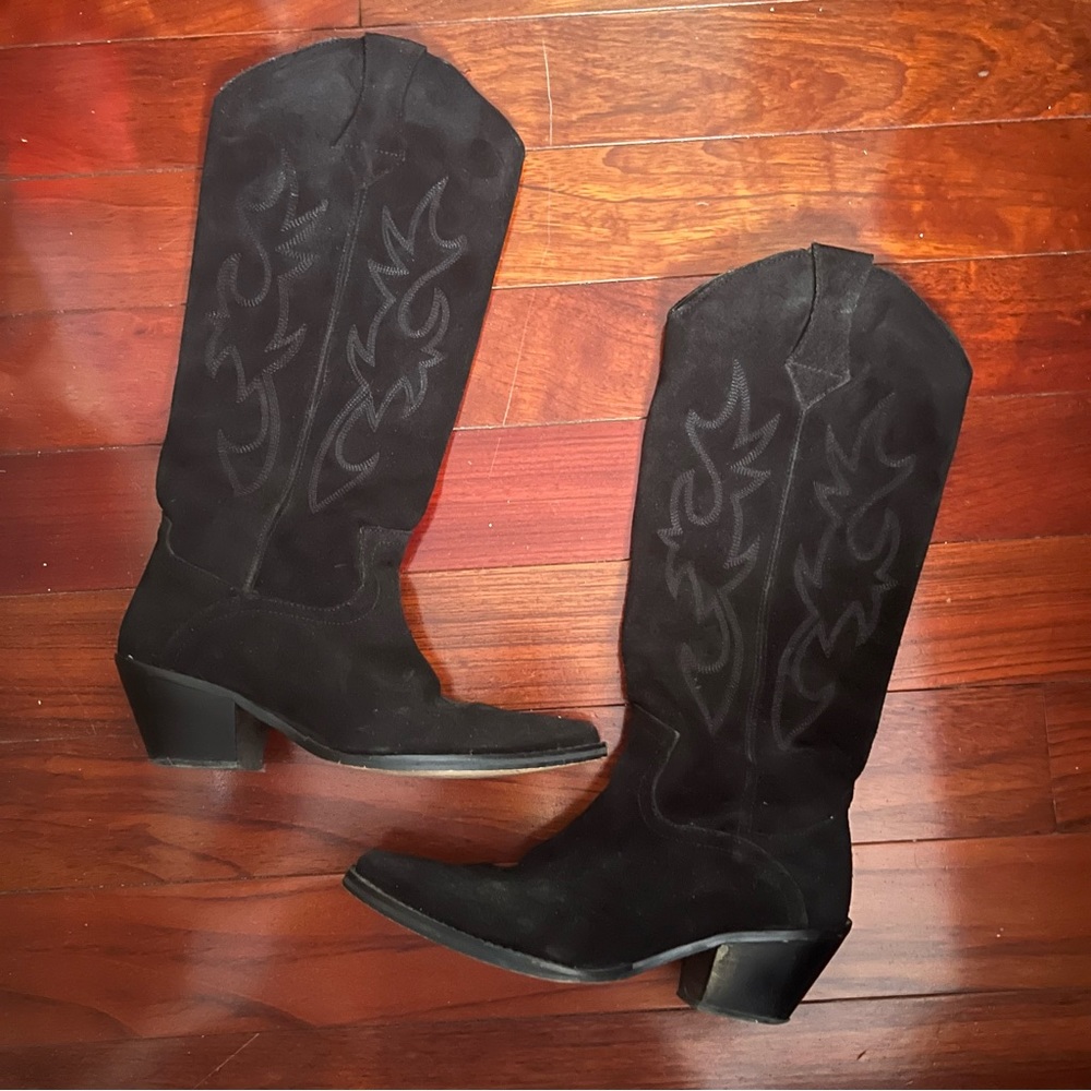 Zara Black Suede Western Cowboy Boots